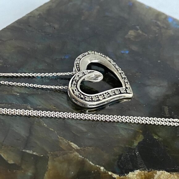 Sterling Silver 925 AFJC Diamond Asymmetric Heart Pendant Necklace 18" Chain - Picture 13 of 16